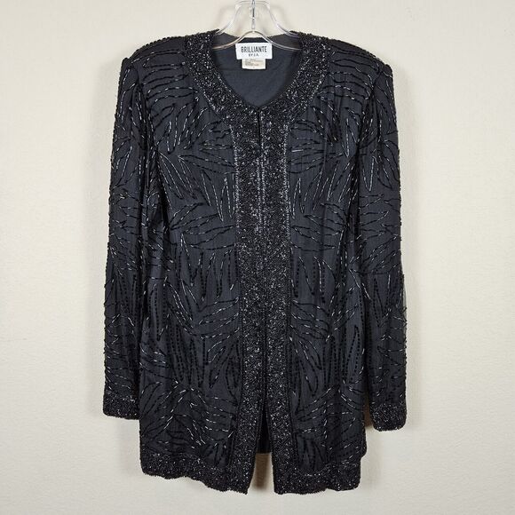 Vintage Beaded Silk Jacket Duster Coat Large Elegant Black Party Wedding Blazer - Picture 1 of 16